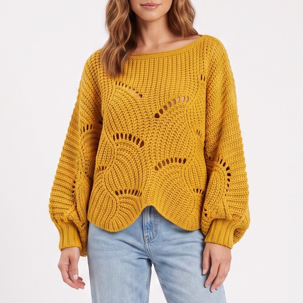 Moon & Madison Sweater Womens M Scallop Pointelle Mustard Yellow Bell Sleeve